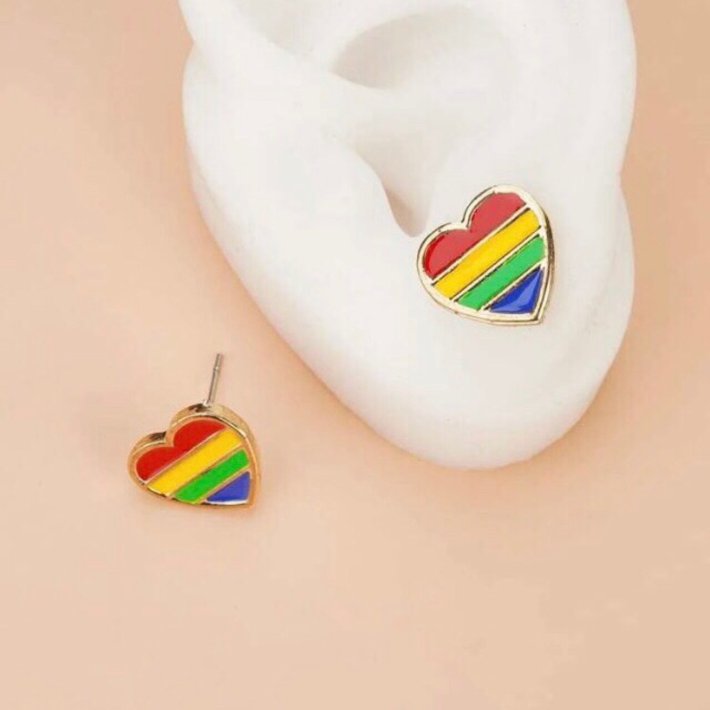 🌈PRIDE Rainbow Striped Goldtone Heart Earrings NWT